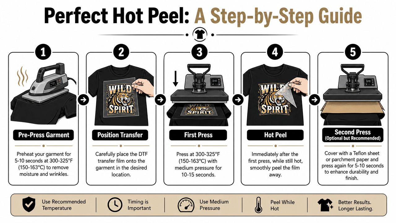 A five-step infographic showing how to apply hot peel DTF transfers to a t-shirt using a heat press.