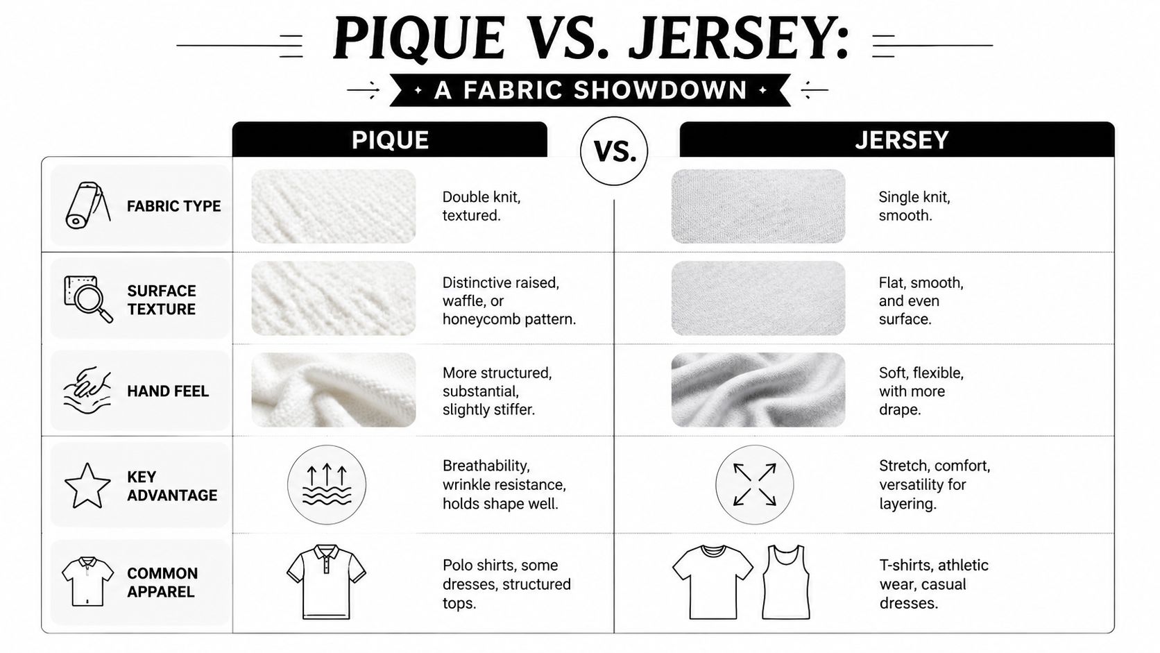 A comparison chart outlining the key differences between Pique and Jersey fabrics, covering texture, feel, and usage.