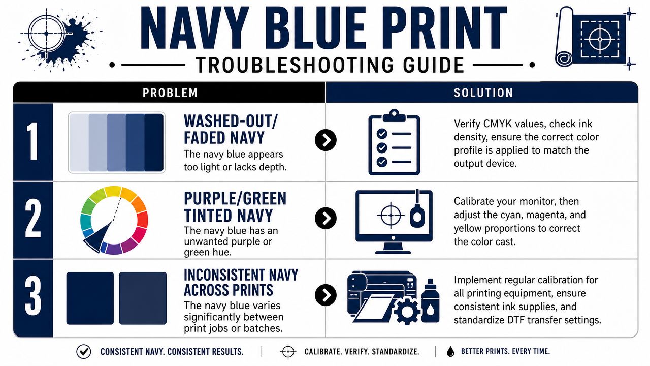 A troubleshooting guide graphic explaining solutions for common navy blue CMYK color printing issues and inconsistencies.