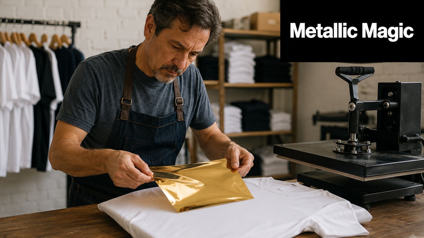 A professional artisan carefully positioning a gold metallic foil sheet onto a white t-shirt for heat printing.