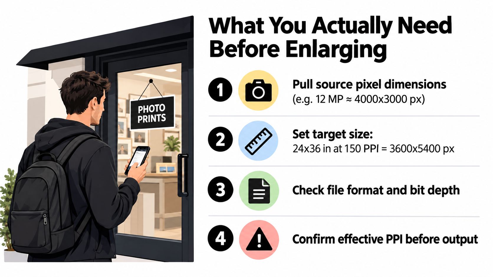 An infographic showing four steps to prepare images for enlarging, illustrated next to a person with a phone.
