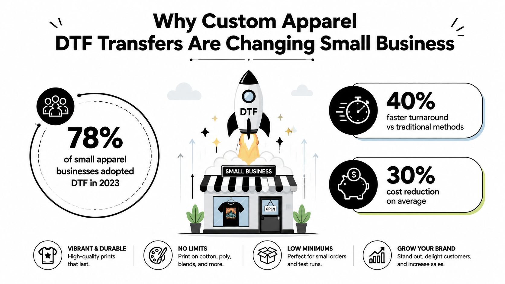 An infographic showing how custom DTF transfers boost efficiency and profits for small apparel businesses.