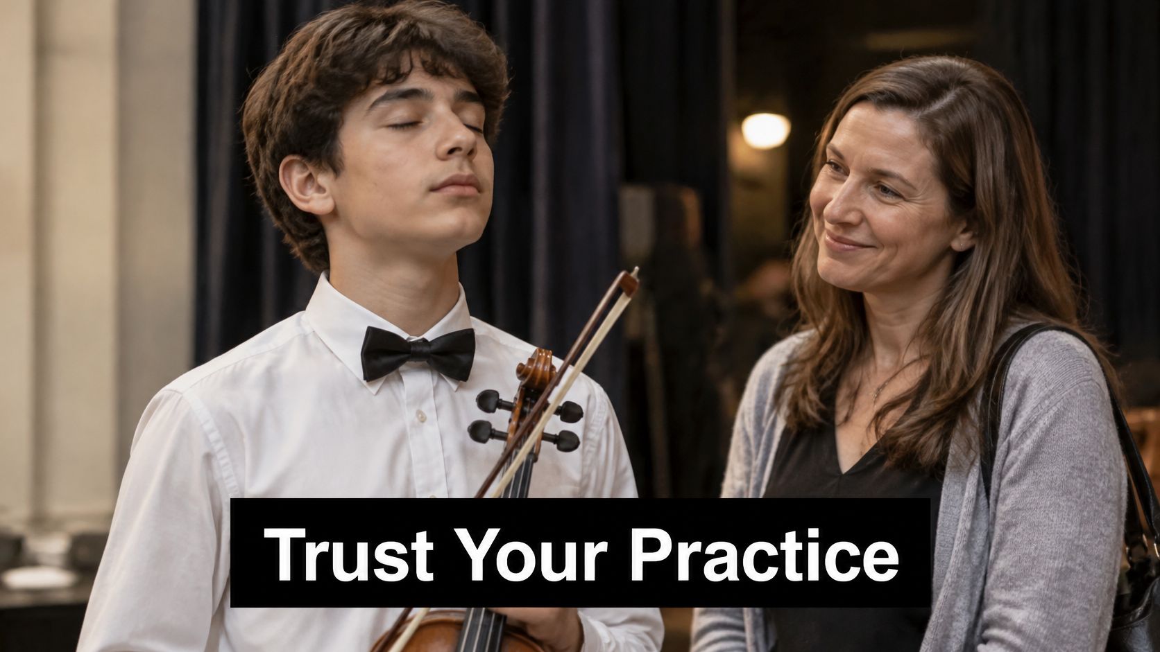 A supportive mother smiling at her son as he stands with his eyes closed holding a violin.