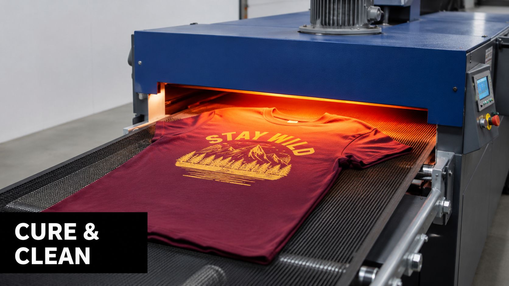 A maroon t-shirt with a printed mountain design passing through an industrial conveyor dryer machine.