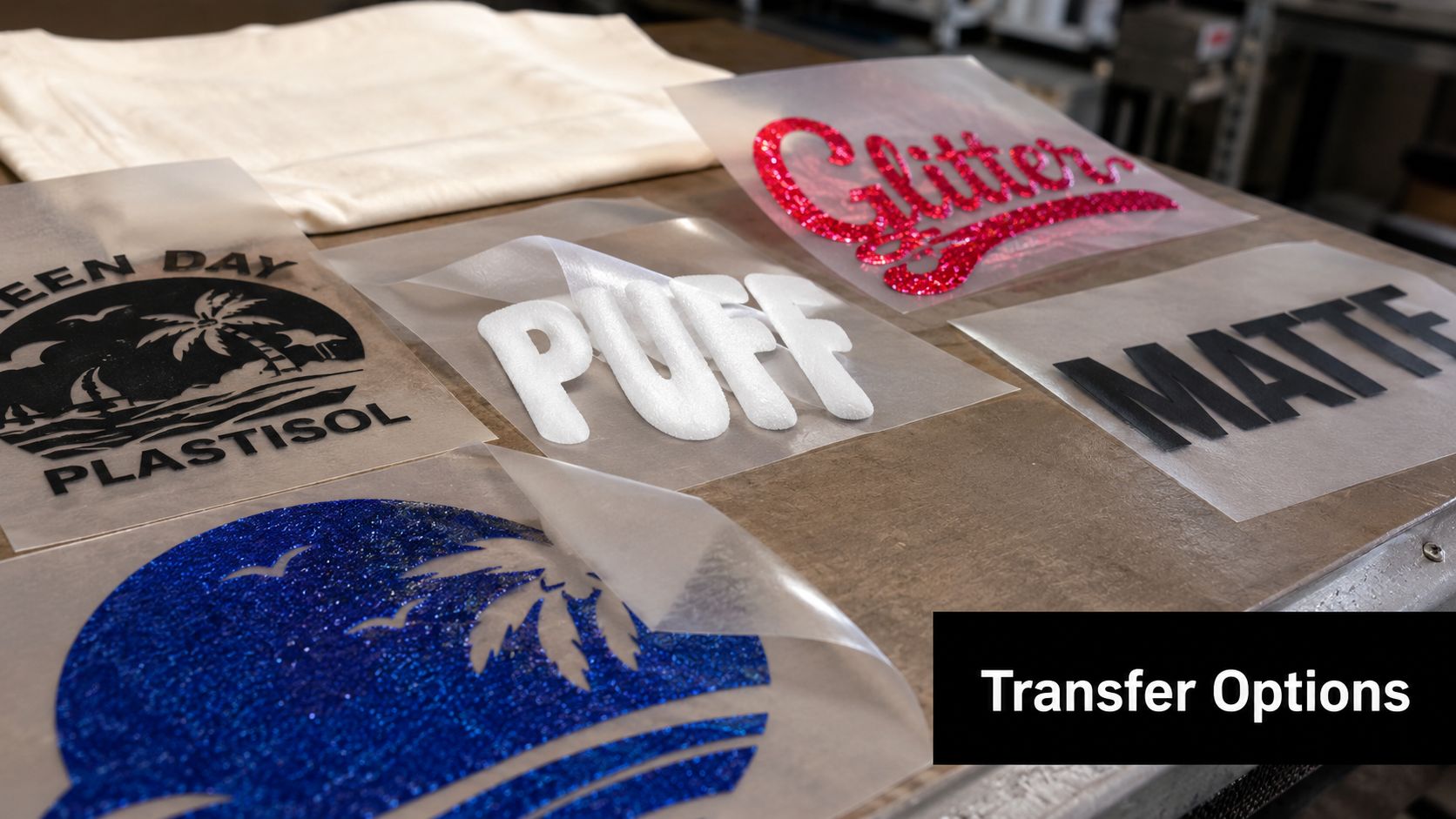 A collection of different screen print heat transfers including glitter, puff, and matte vinyl designs on a table.