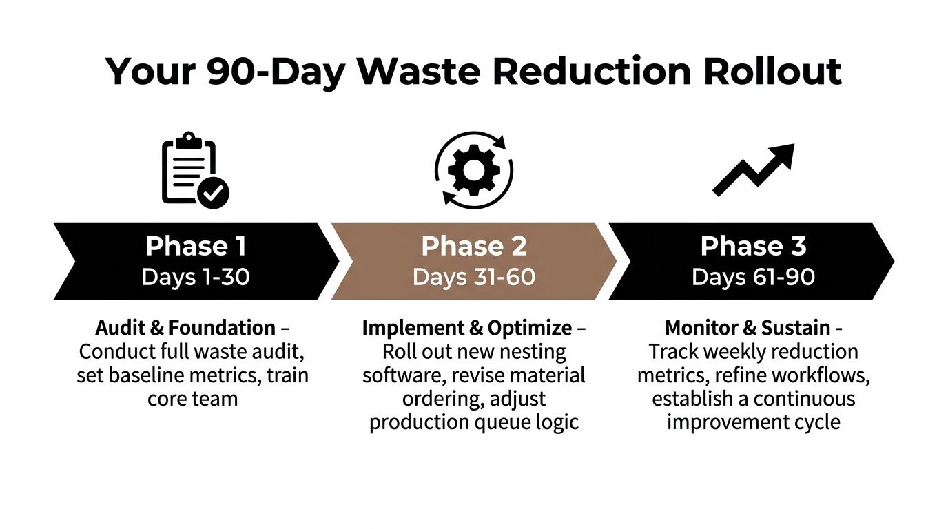 A 90-day waste reduction rollout plan infographic showing three distinct phases for implementation and optimization.