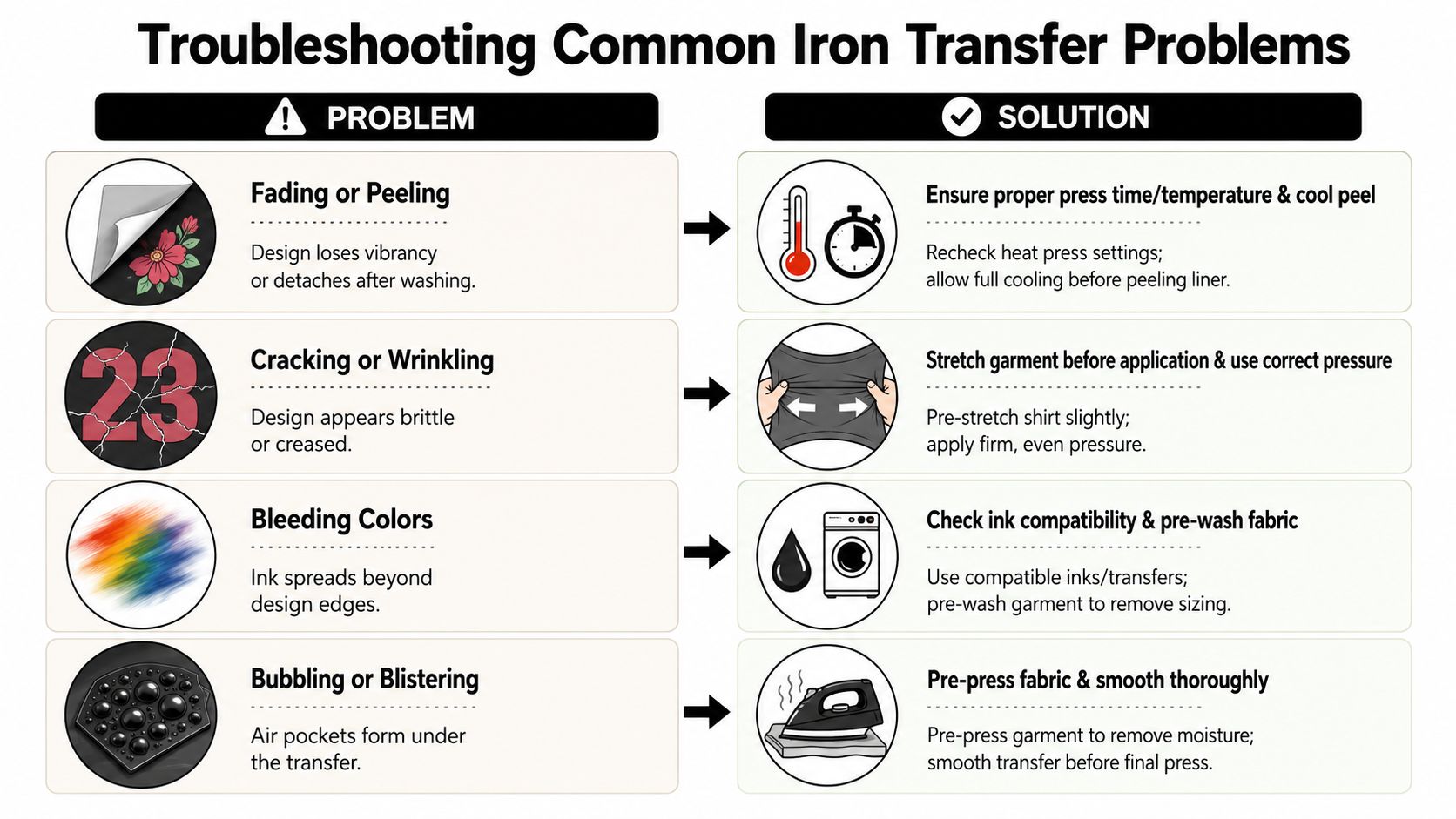 A troubleshooting chart listing common iron-on transfer problems and their respective solutions for clothing designs.
