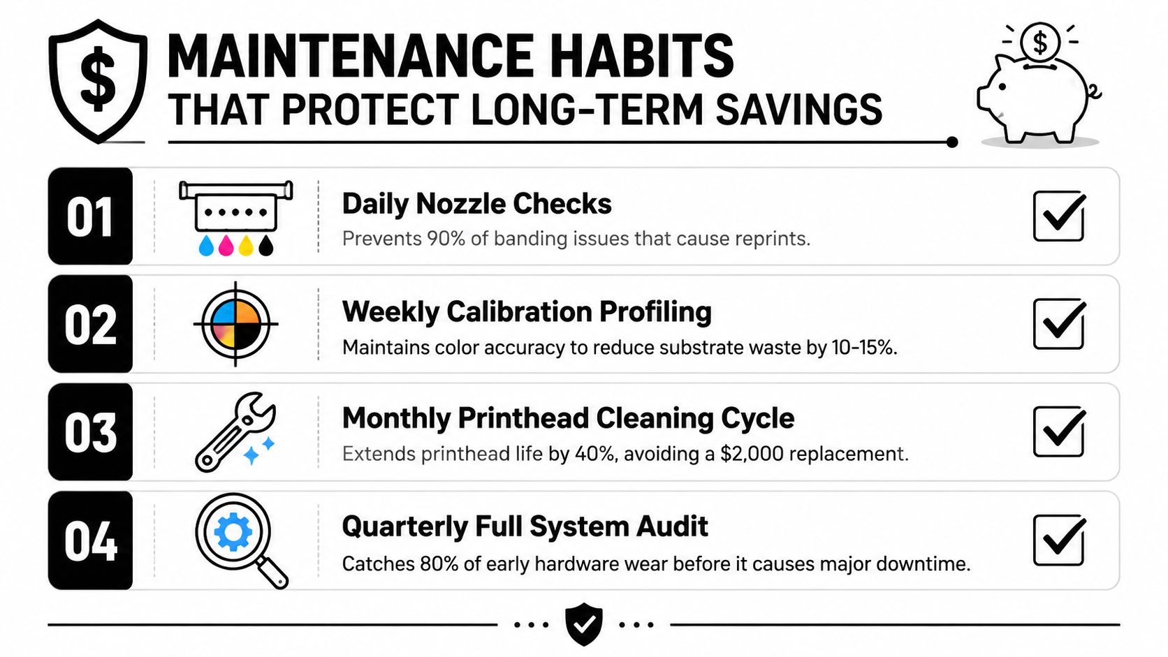 An infographic showing four essential maintenance habits for printers to protect long-term savings and equipment efficiency.