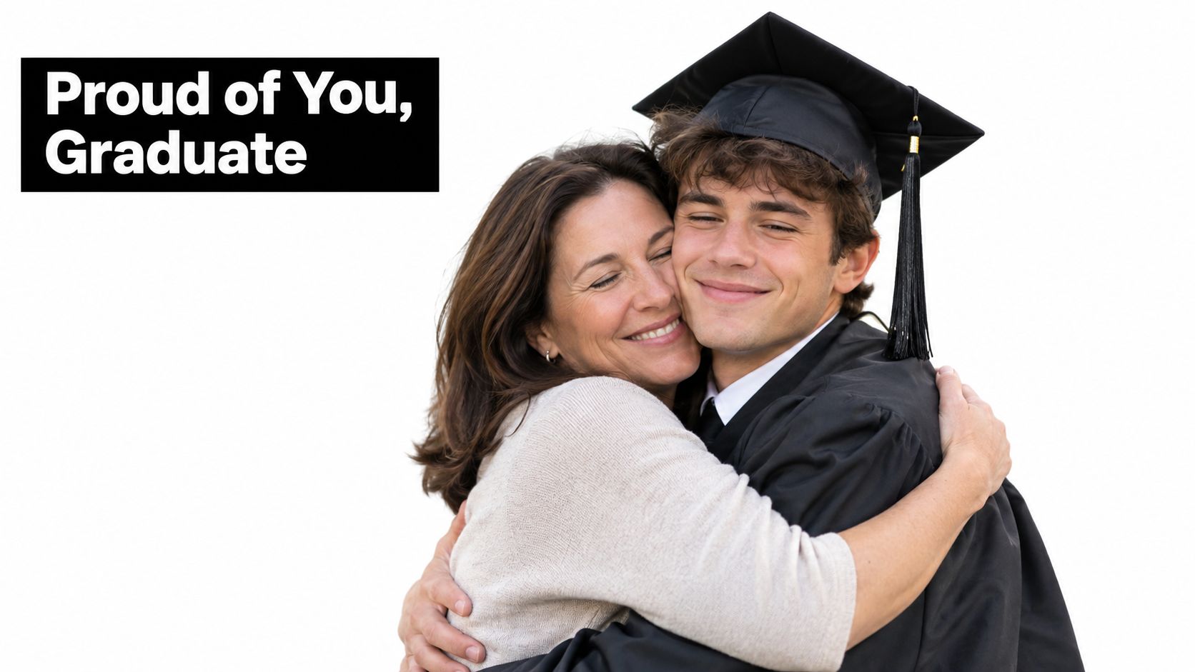 A proud mother sharing a warm and joyful hug with her son who is wearing a graduation gown.