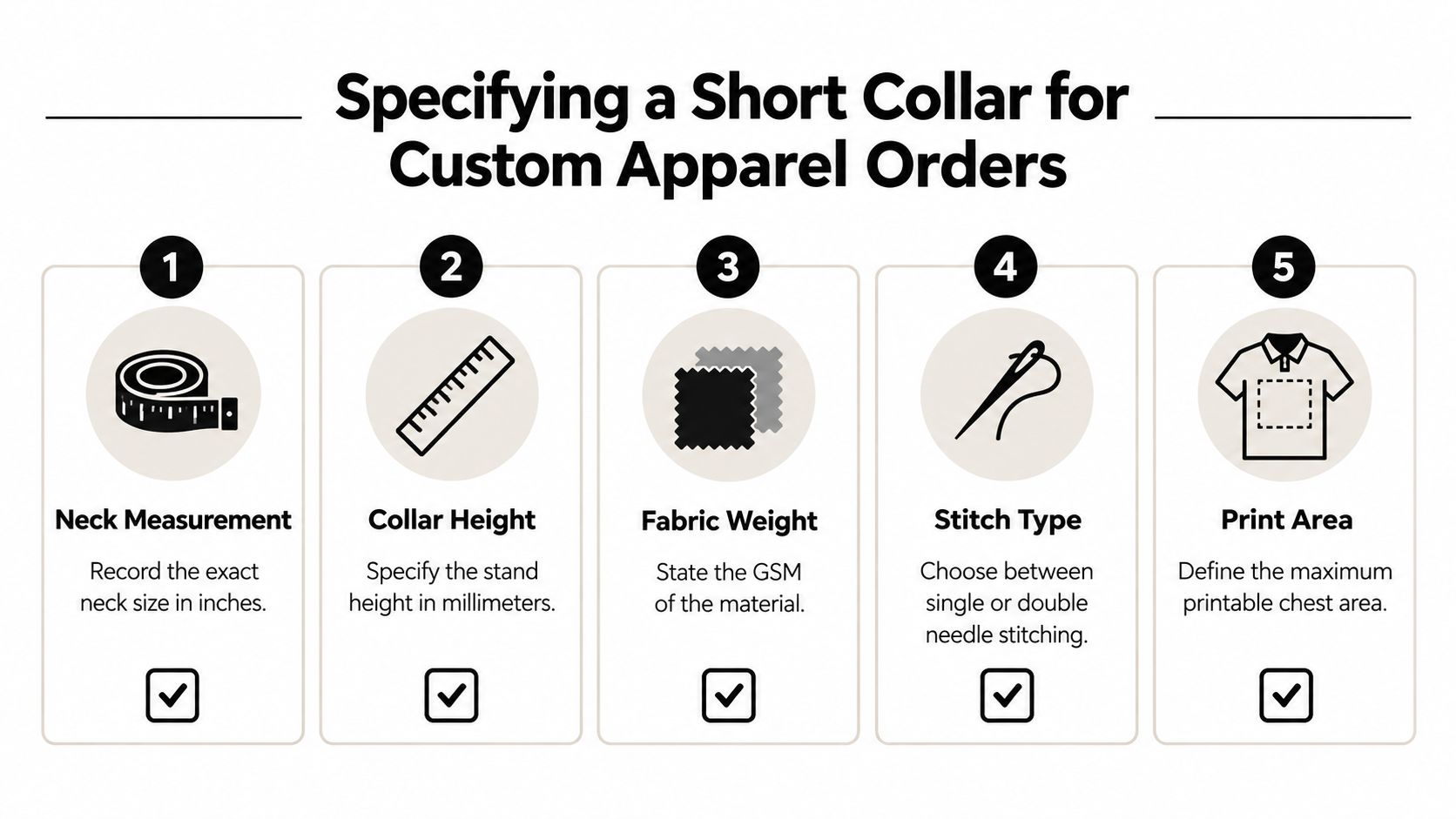 A five-step guide on how to specify a short collar design for custom apparel manufacturing orders.