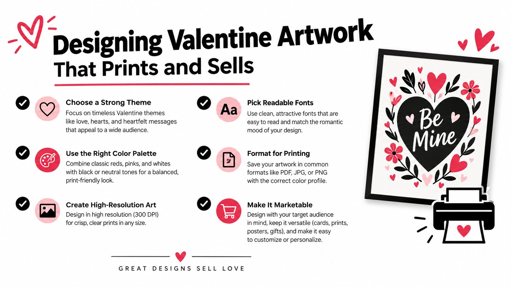 A graphic guide for creating and selling Valentine's Day artwork with tips on themes, colors, and printing.