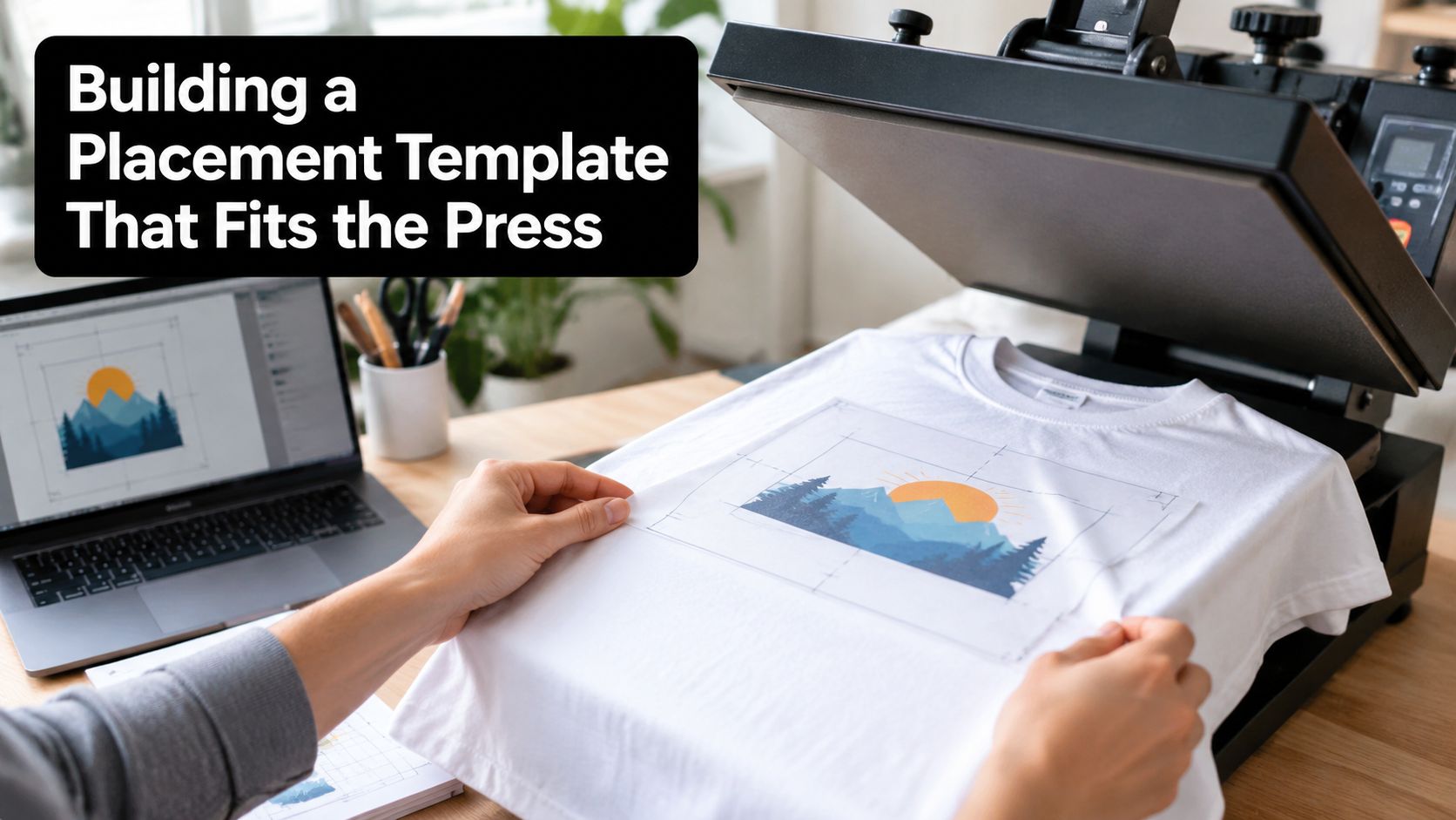 A person aligning a printed design template onto a white t-shirt before using a heat press machine.