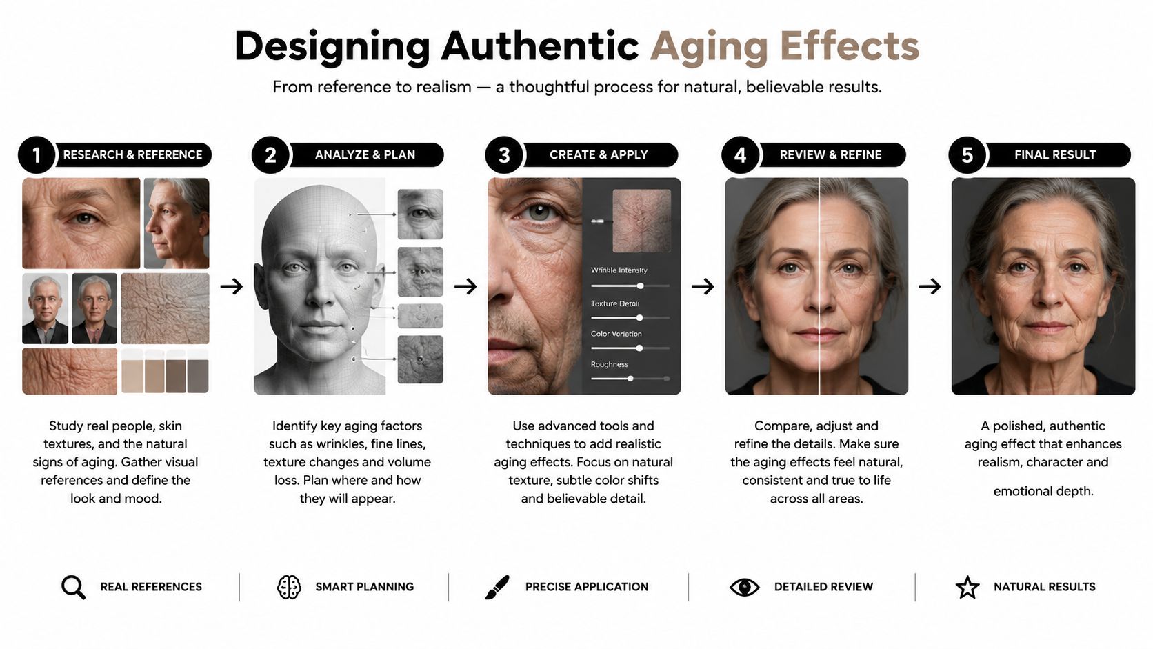 A five-step infographic showing the process of creating authentic digital aging effects for realistic character design.
