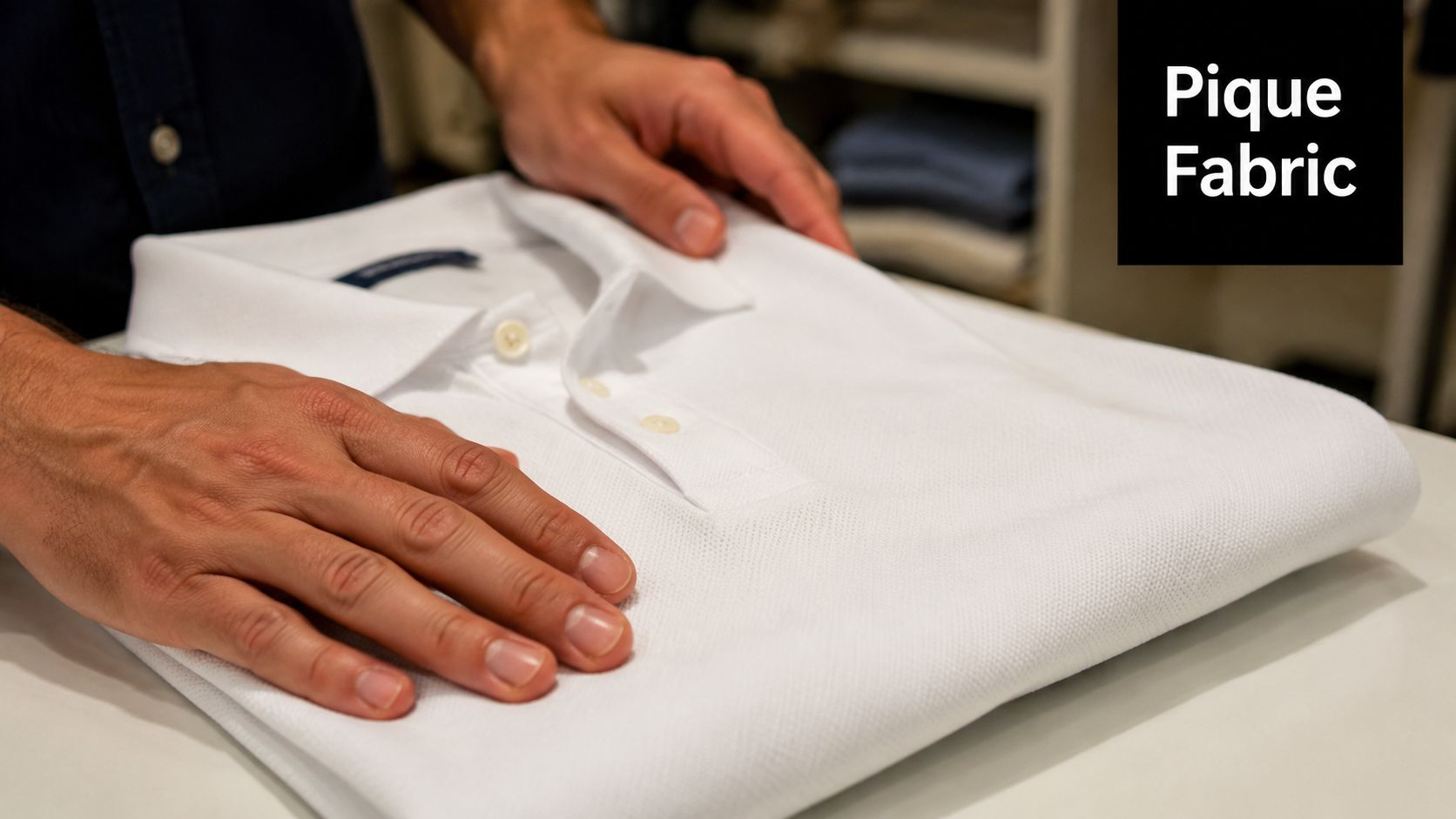 A person carefully folding a white polo shirt made of pique fabric on a clean surface.