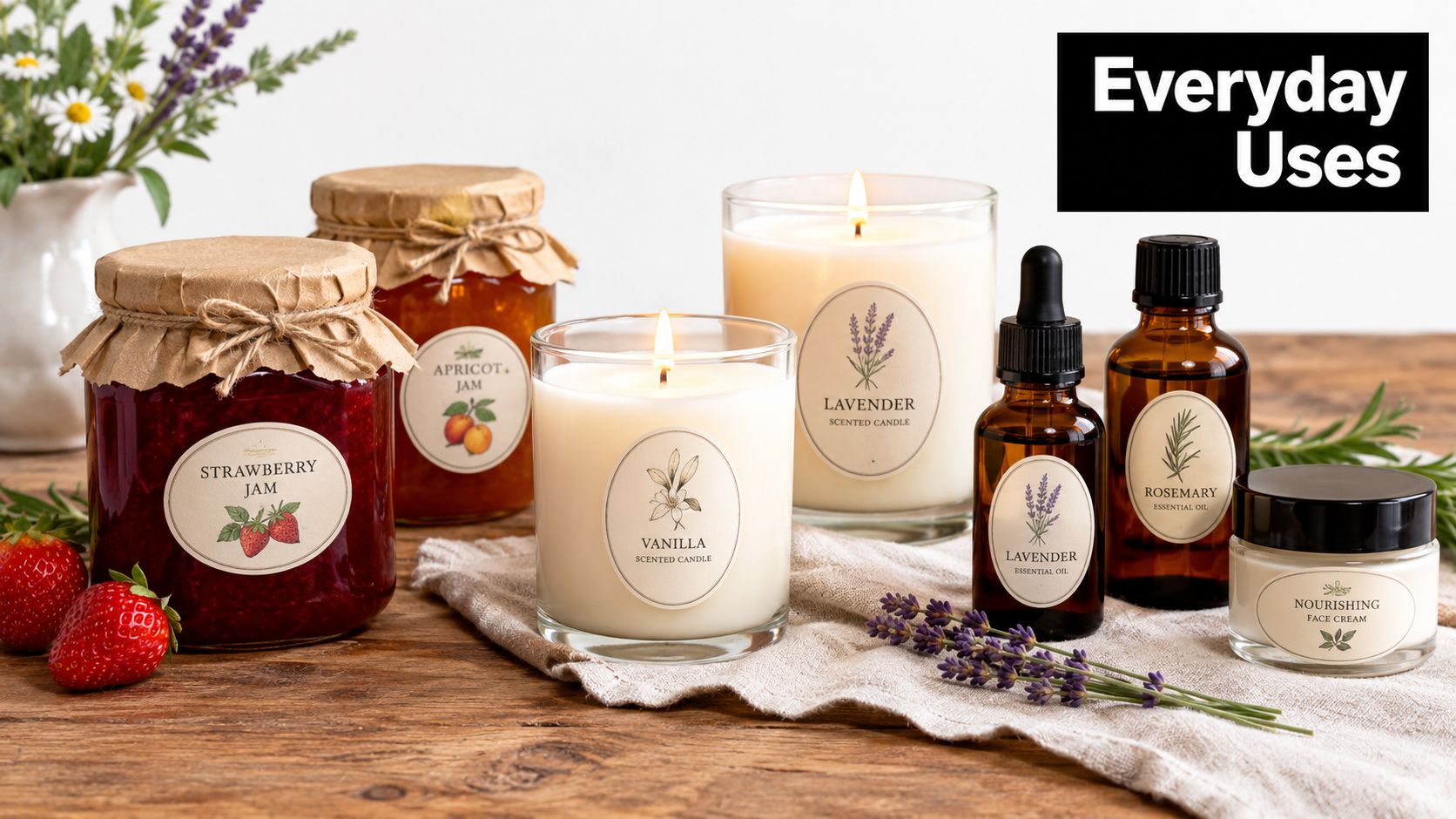 An assortment of products with personalized oval stickers including jam, candles, essential oils, and face cream.