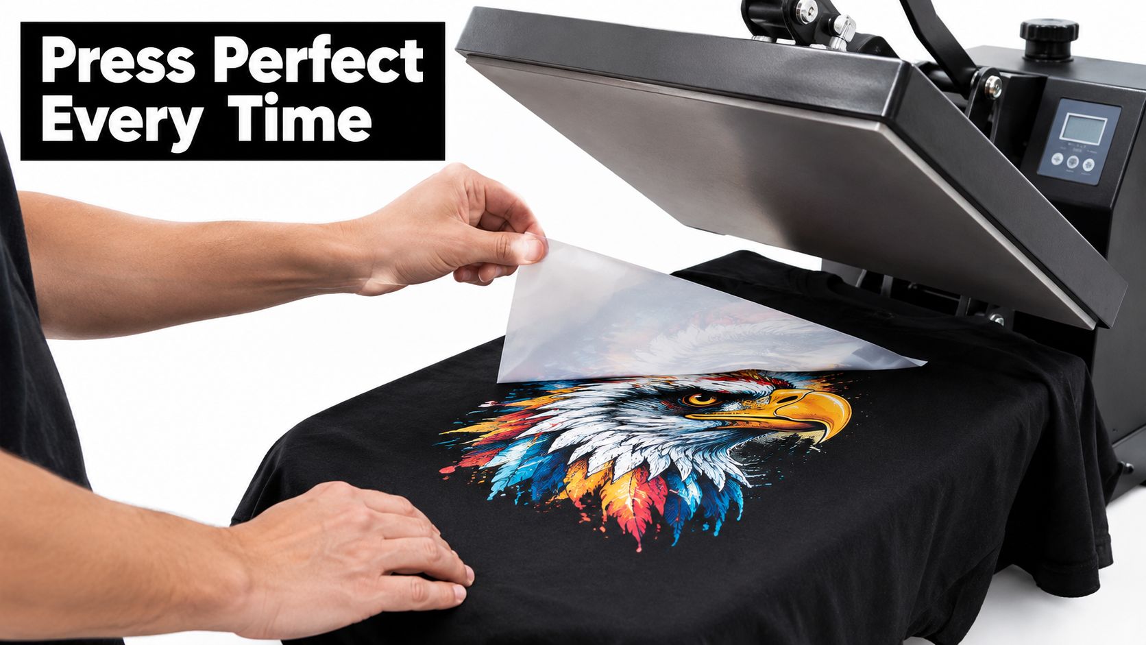 A person carefully applying a colorful eagle heat transfer design onto a black t-shirt using a machine.