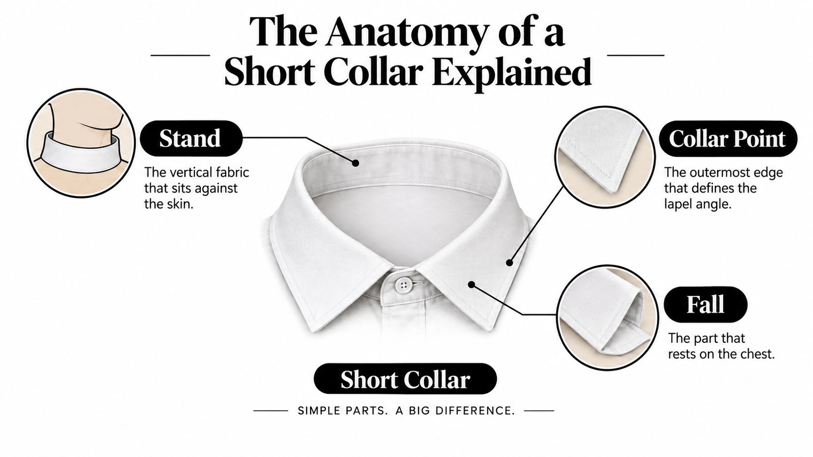 A diagram explaining the anatomy of a short dress shirt collar, labeling the stand, point, and fall components.