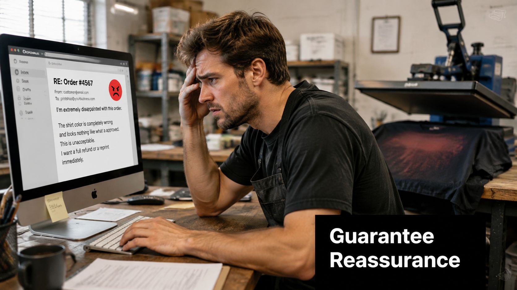 A frustrated business owner sits at a computer reading a negative customer email about a wrong print order.