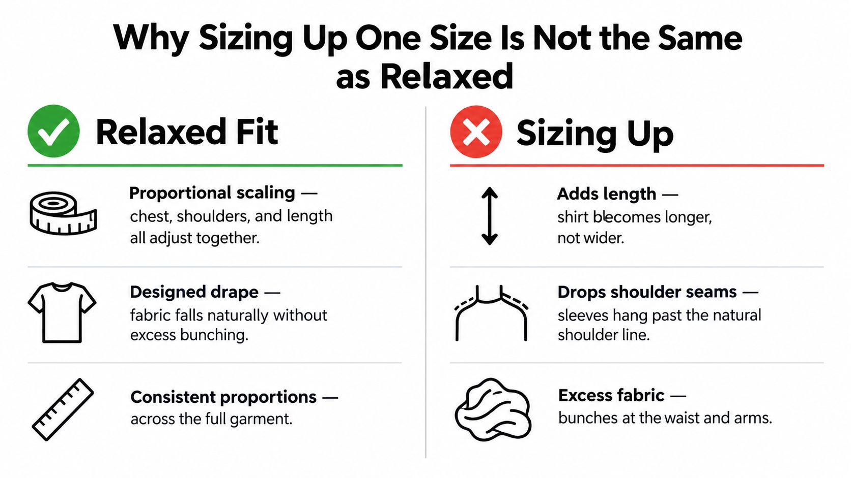 An infographic comparing a relaxed fit versus sizing up, illustrating how they differ in proportions and fit.