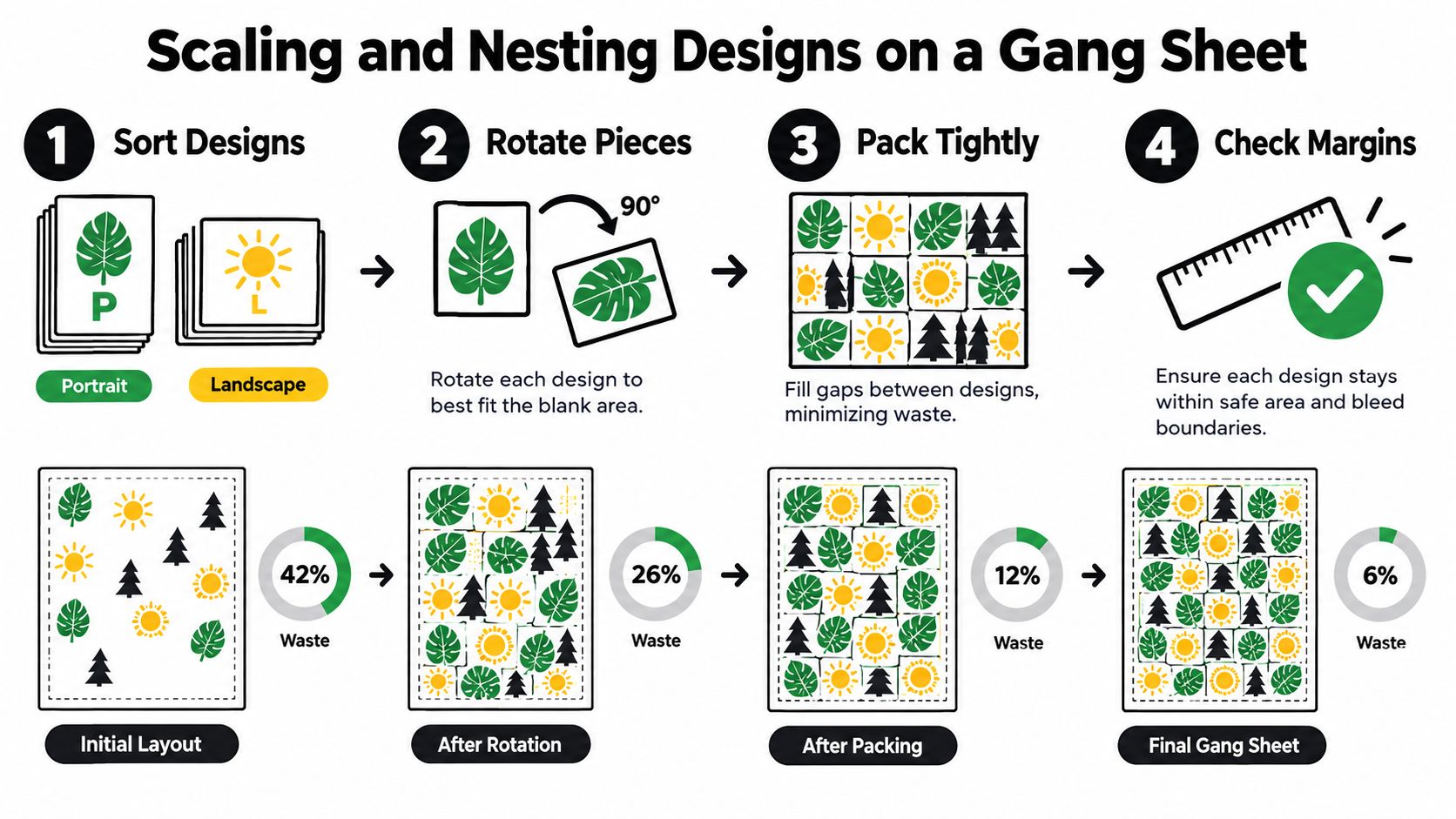 A four-step infographic explaining the process of scaling and nesting designs on a gang sheet for printing.