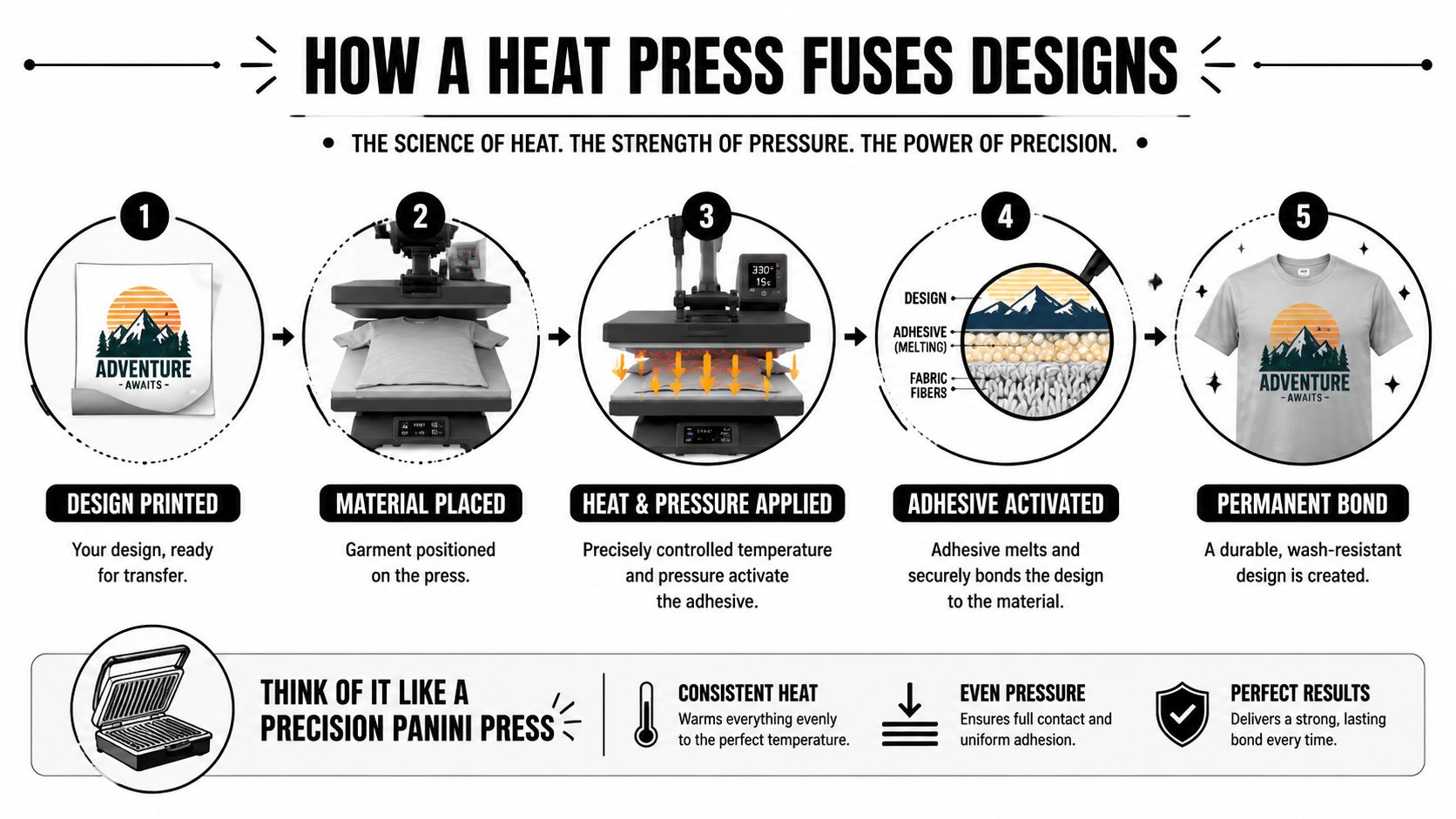 A step-by-step infographic showing how a heat press machine bonds a design onto a garment.