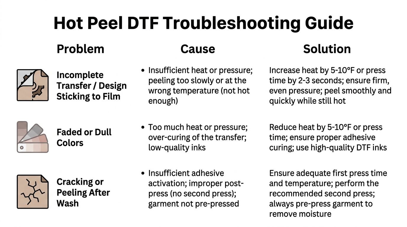 A troubleshooting guide table for Hot Peel DTF transfers outlining common problems, causes, and effective solutions.