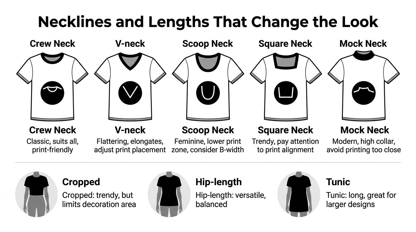 A clothing style guide illustrating various neckline types and garment lengths for custom t-shirt printing designs.