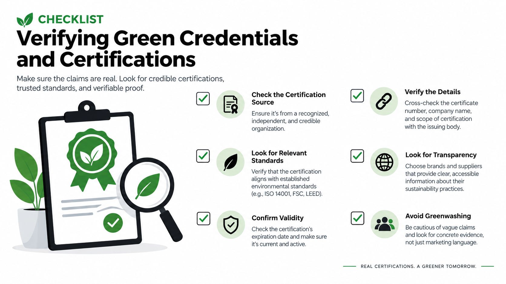A checklist infographic illustrating tips for verifying green business certifications, standards, and environmental sustainability claims.