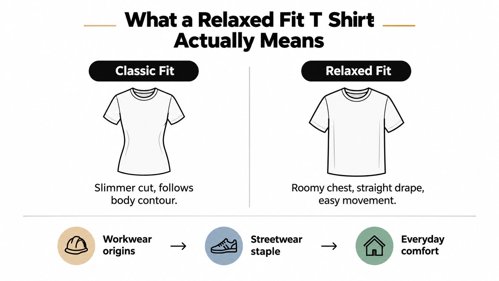 A diagram comparing the silhouettes and features of a classic fit t-shirt versus a relaxed fit t-shirt.