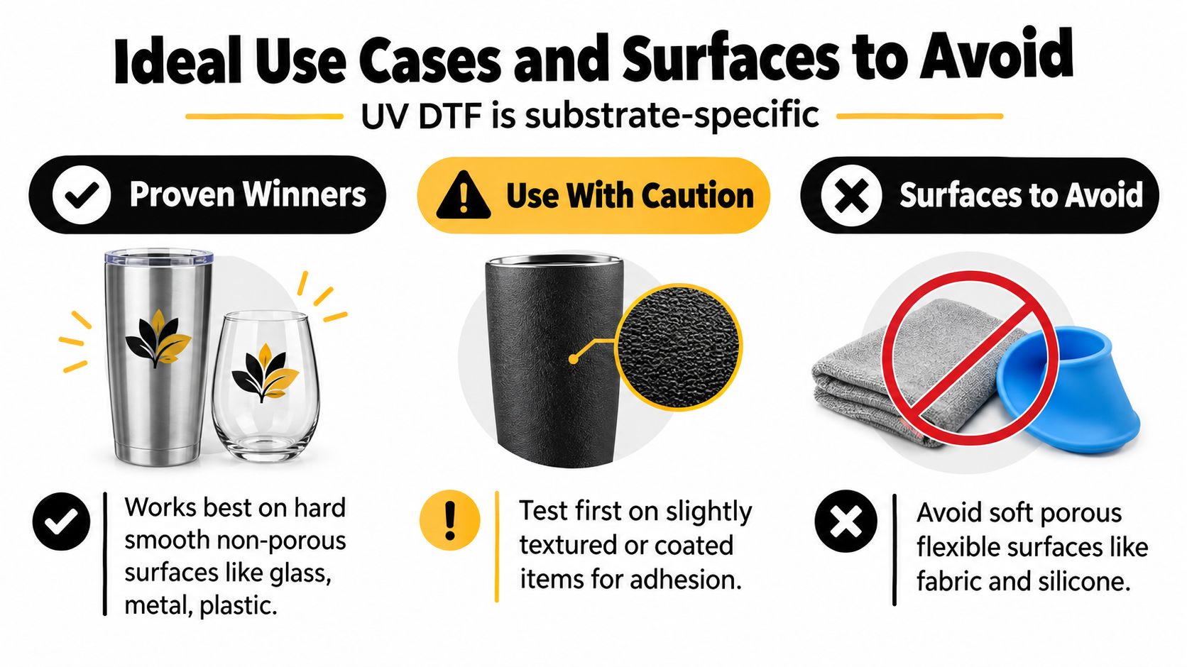 An infographic showing ideal, caution, and prohibited surfaces for applying custom UV DTF transfers on various objects.
