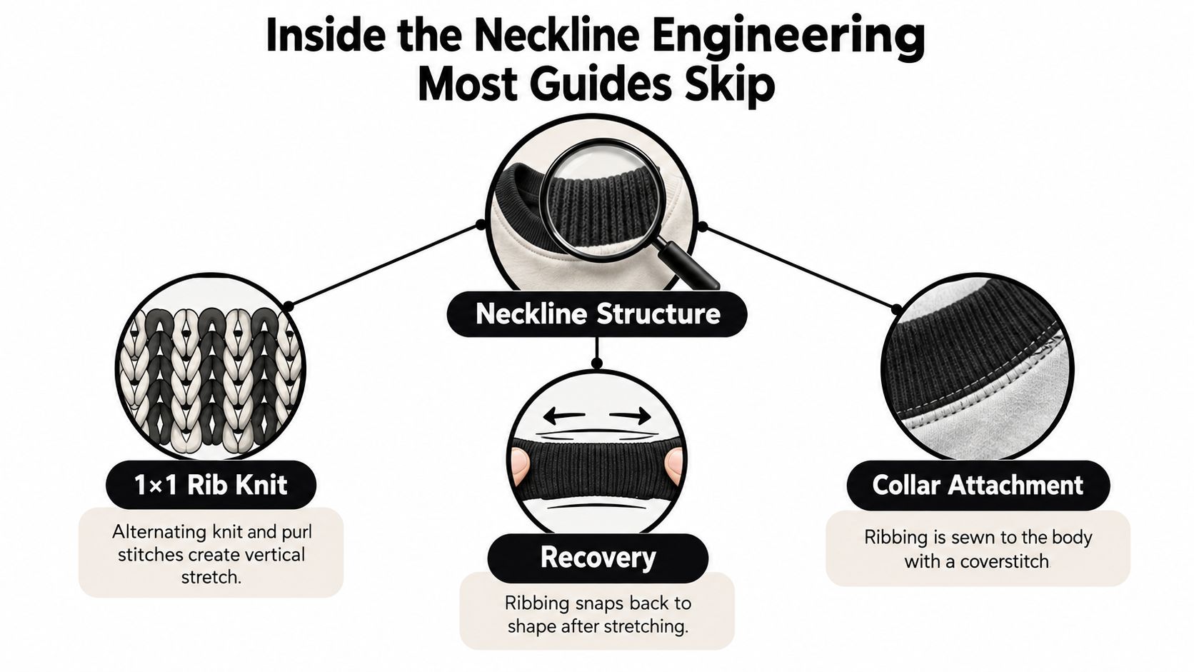 A detailed graphic explaining the construction of a t-shirt neckline, including rib knit, recovery, and collar attachment.