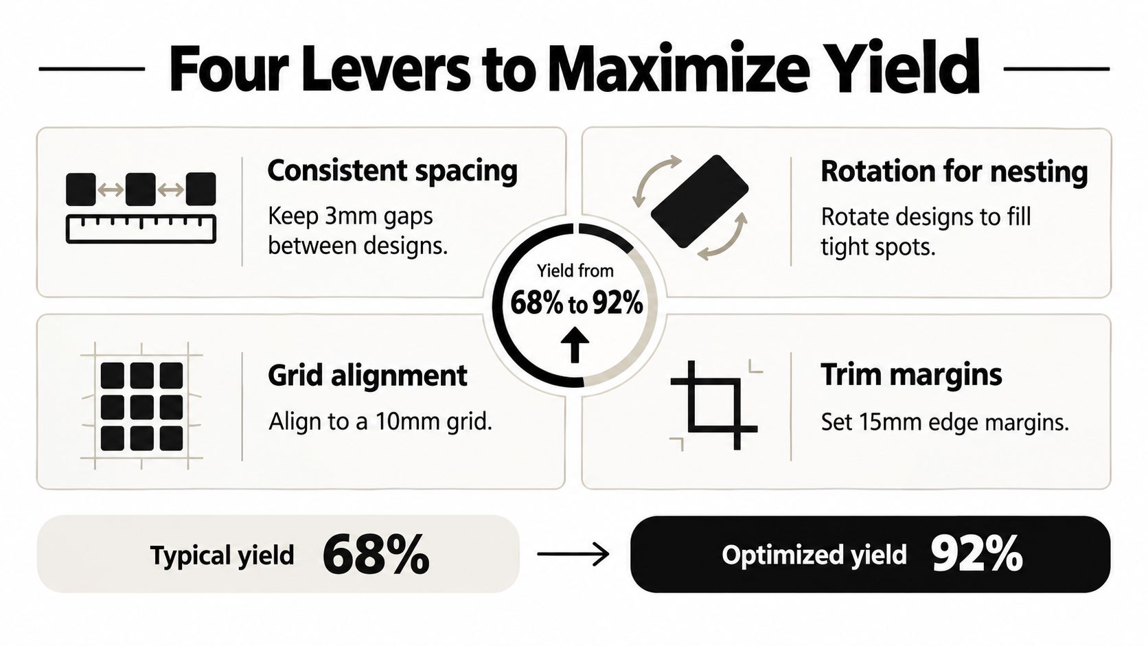 A diagram illustrating four key methods for maximizing production yield from 68 percent to 92 percent.