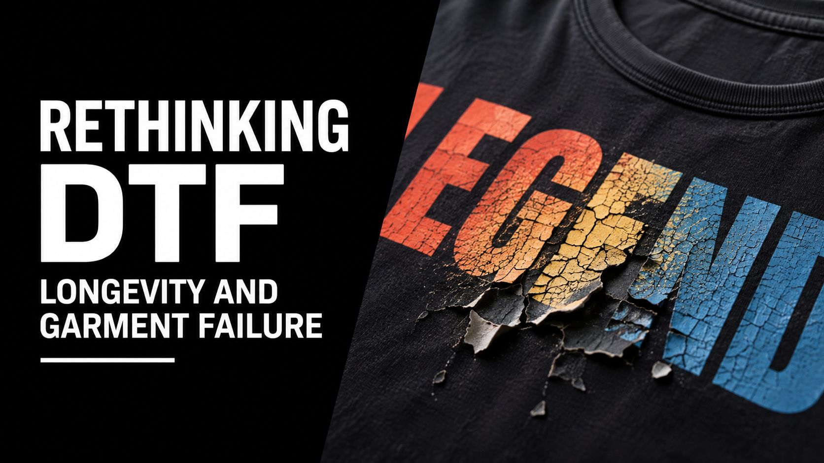 A close up of a cracked and peeling DTF print on a black t-shirt fabric.