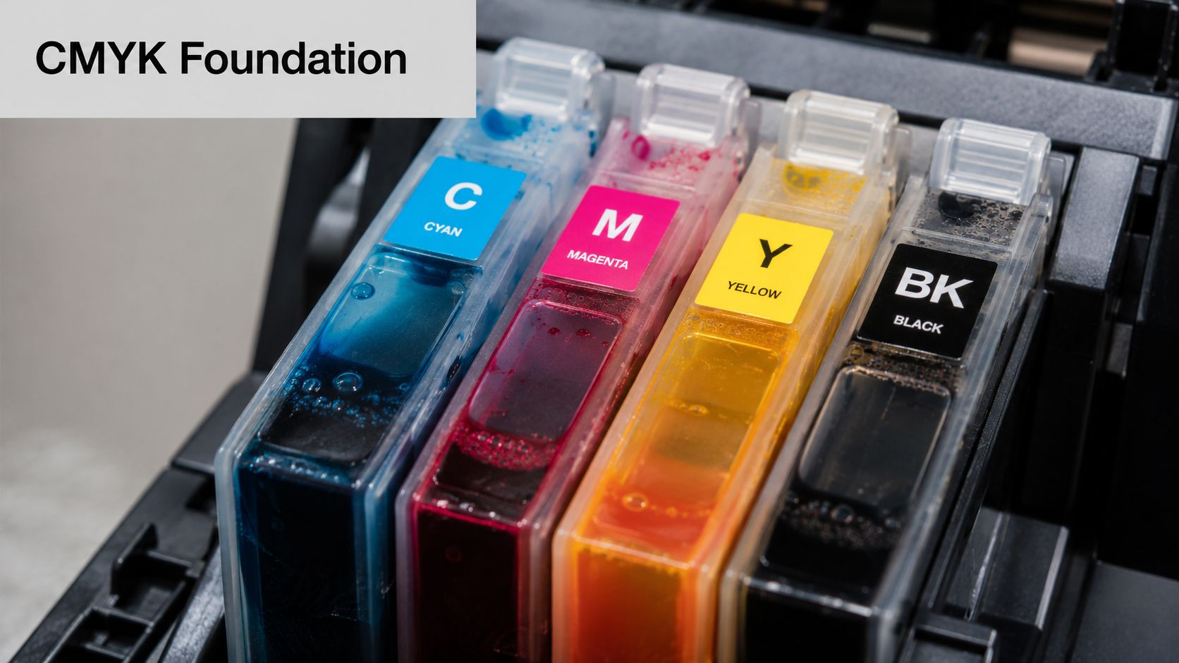 Four clear plastic printer ink cartridges labeled Cyan, Magenta, Yellow, and Black inside an inkjet printer.