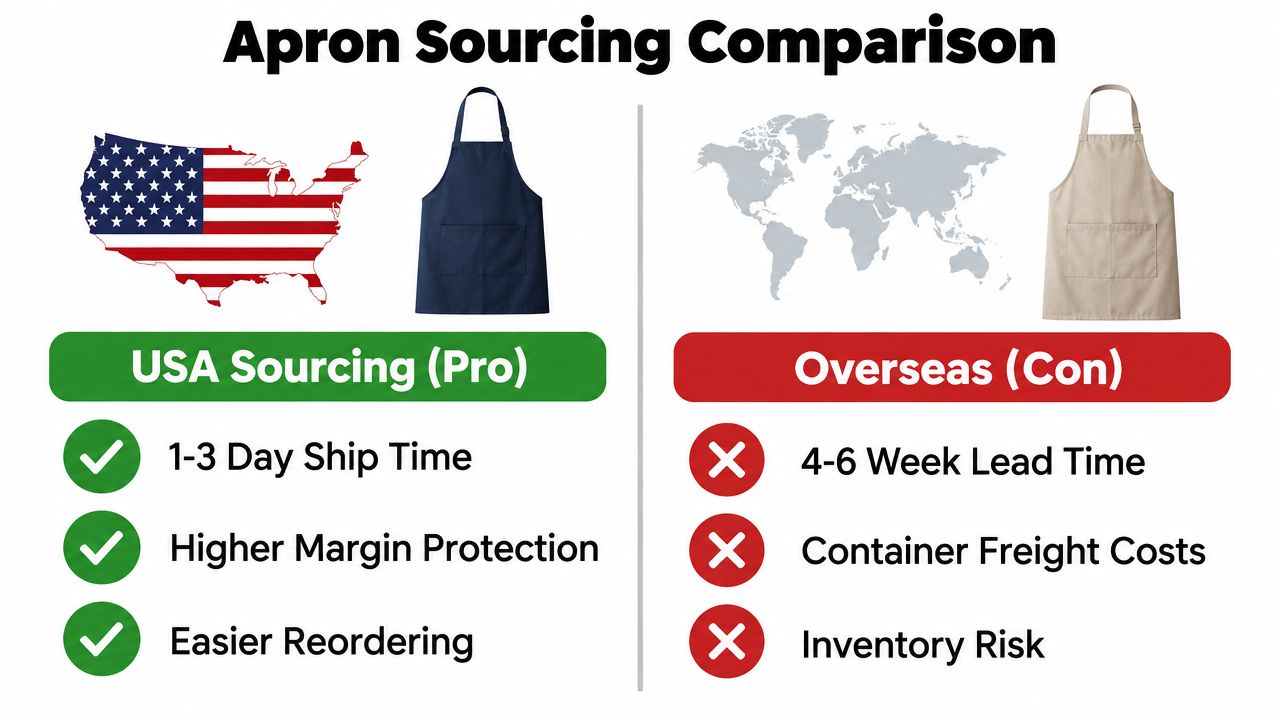 A comparison chart showing benefits of USA sourced two pocket aprons versus overseas sourced aprons.