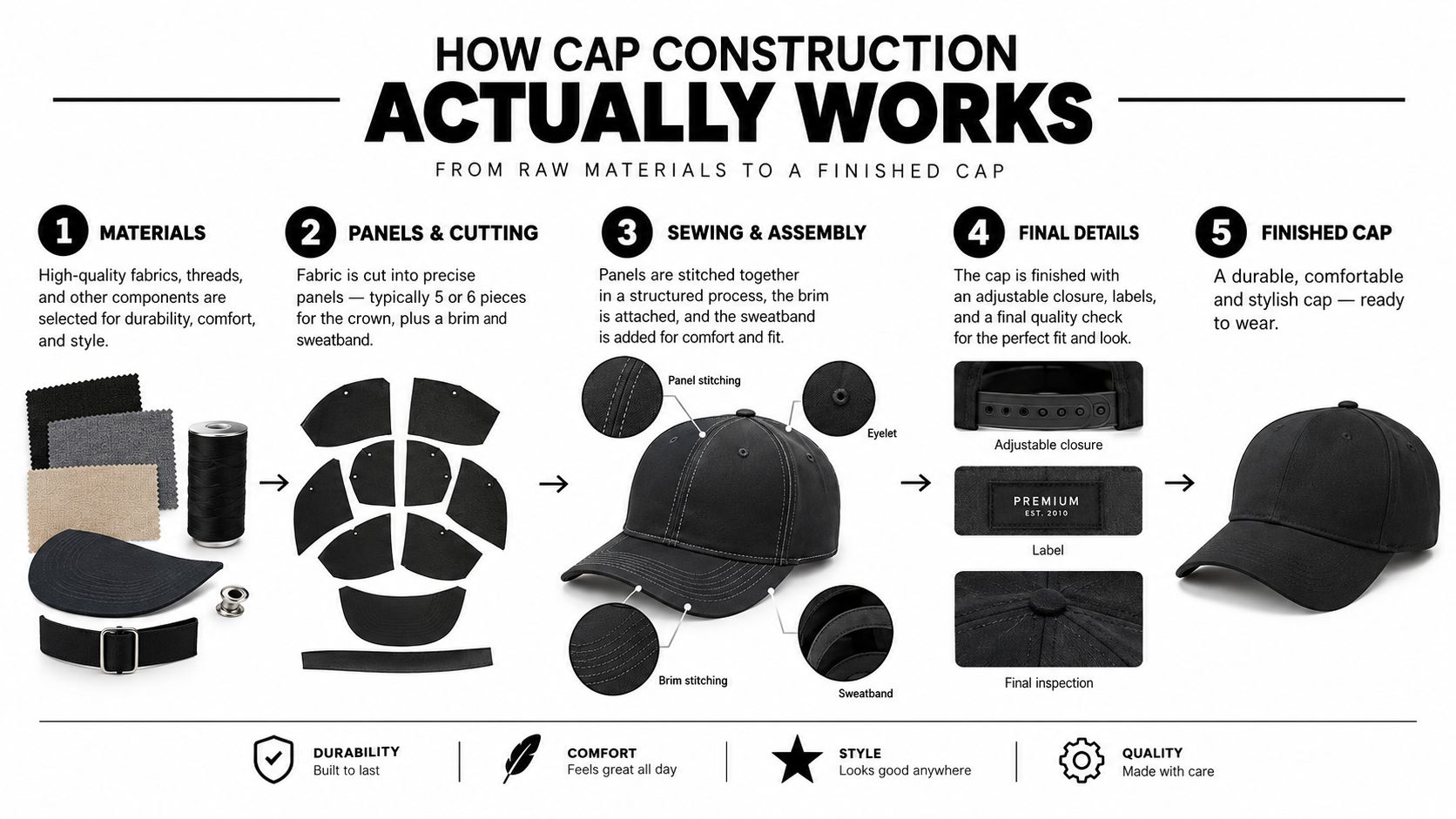 An infographic showing the five-step manufacturing process of a blank ball cap from raw materials to finished product.
