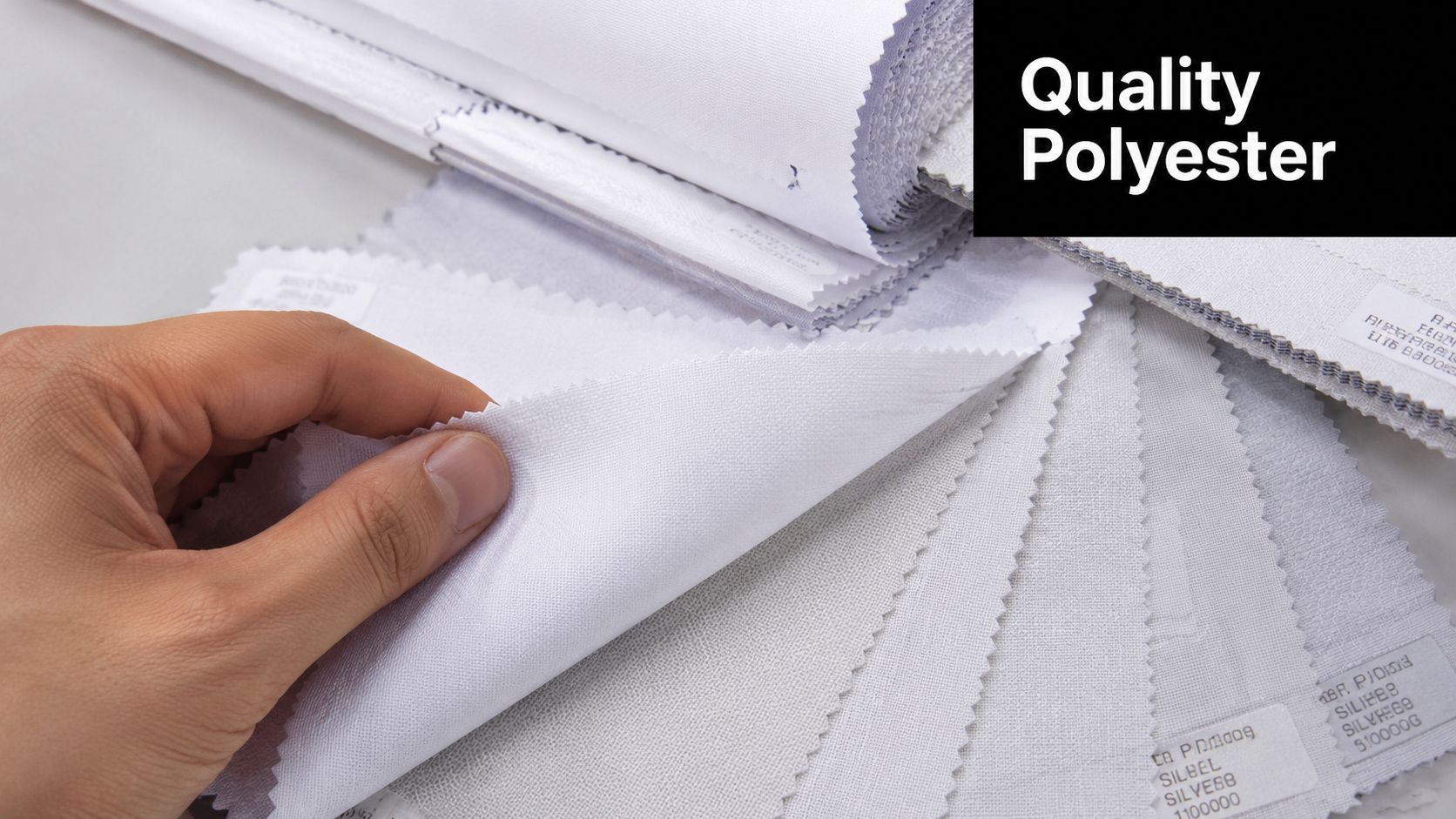 A hand holding a white polyester fabric swatch from a sample book for shirts
