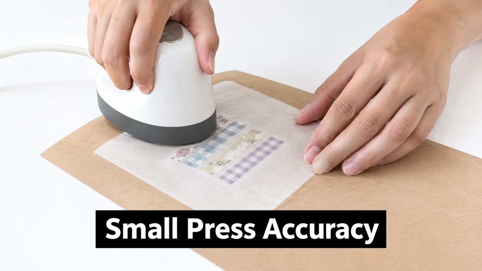 A person using a small handheld heat press on craft test strips placed on brown paper.