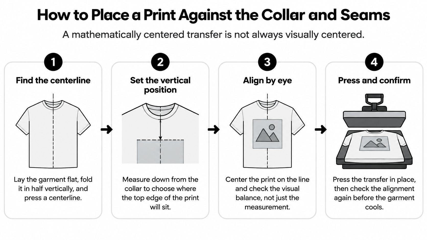 An infographic showing four steps to align a graphic transfer print onto a t-shirt professionally.