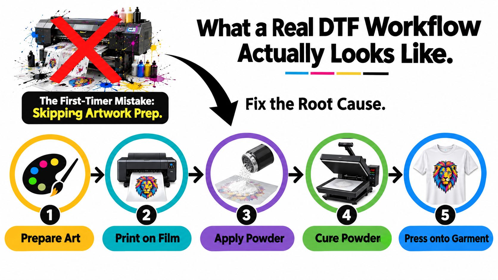 A five-step infographic showing the proper workflow for creating DTF transfers, from artwork preparation to garment pressing.
