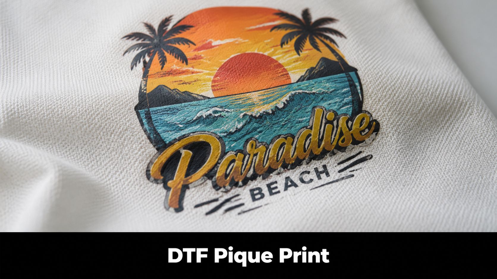 A close up view of a vibrant beach themed graphic printed on textured white pique fabric material.
