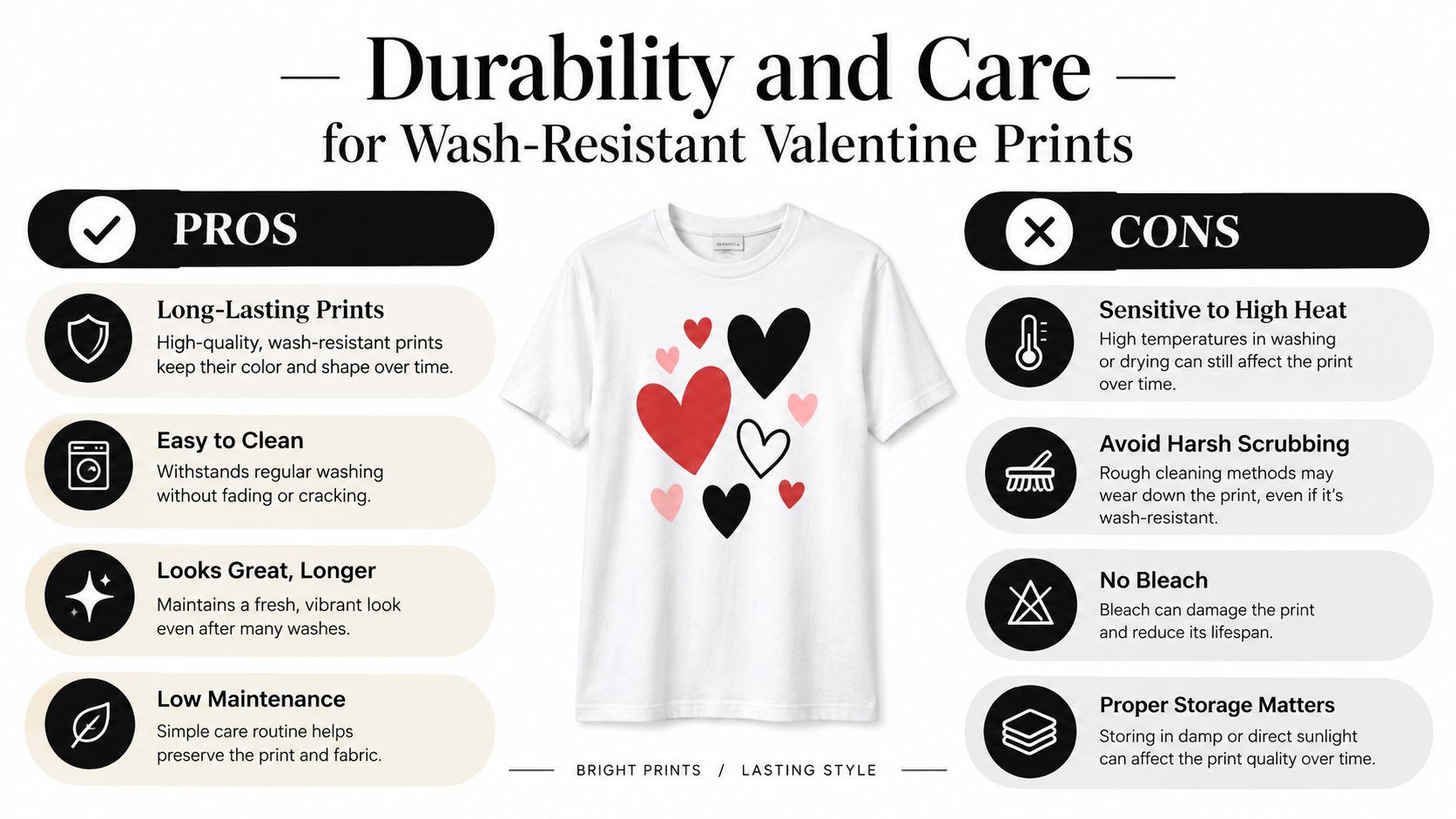 An infographic detailing pros and cons for care instructions of wash-resistant Valentine's Day themed t-shirt prints.
