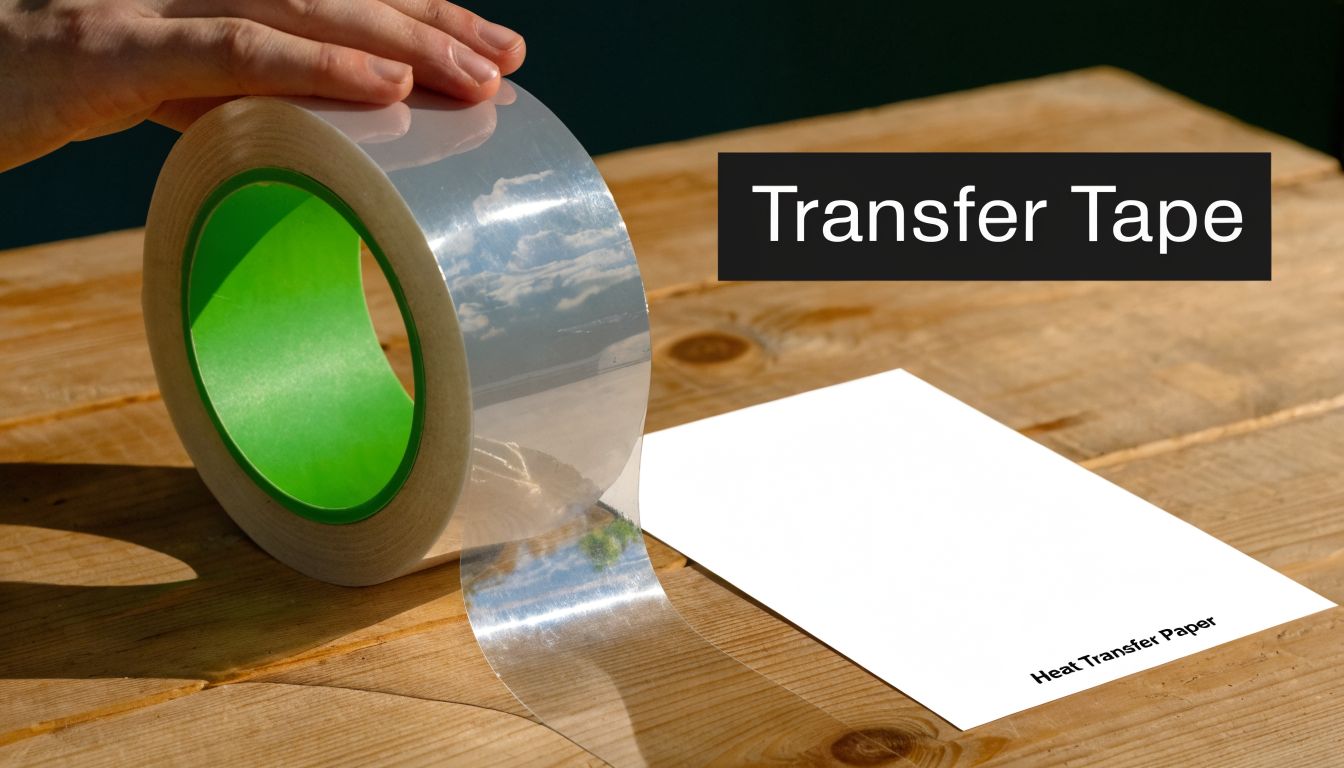 A hand holds a roll of clear transfer tape next to a sheet of white heat transfer paper.
