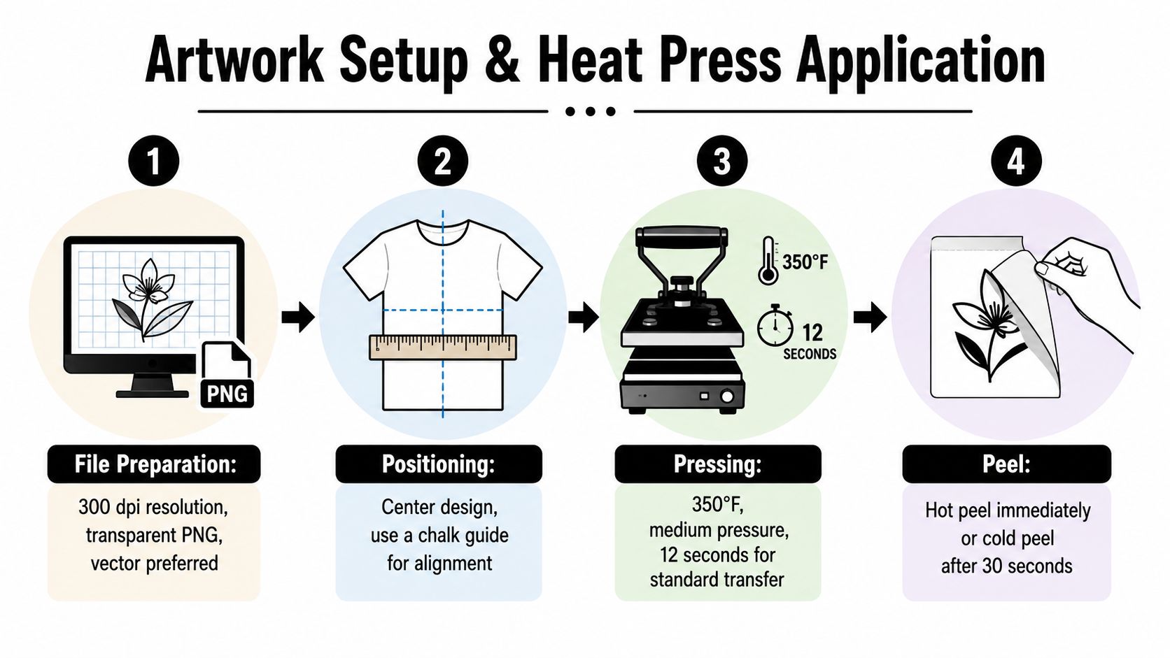 A four-step infographic illustrating the process of preparing artwork and using a heat press for shirt transfers.