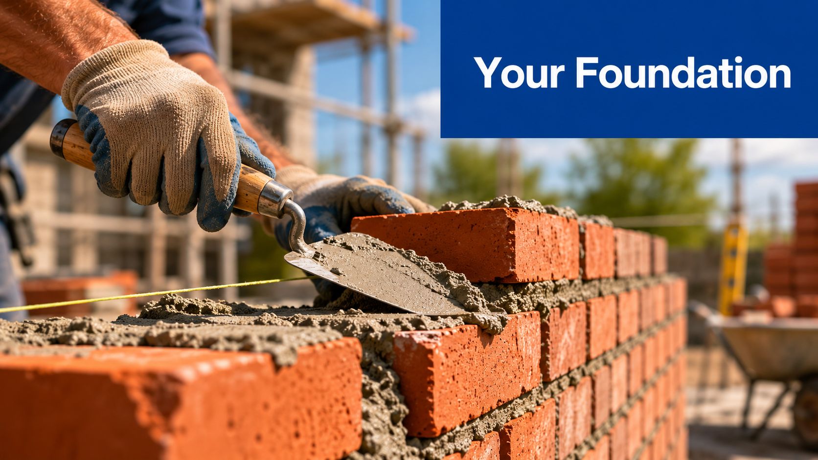 A construction worker laying mortar on a red brick wall during a residential building project.