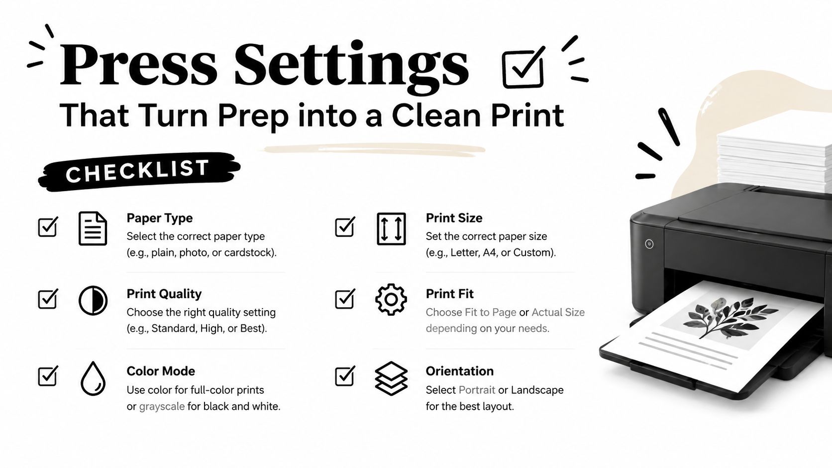 A printer settings checklist infographic showing icons and labels for paper, quality, size, fit, color, and orientation.