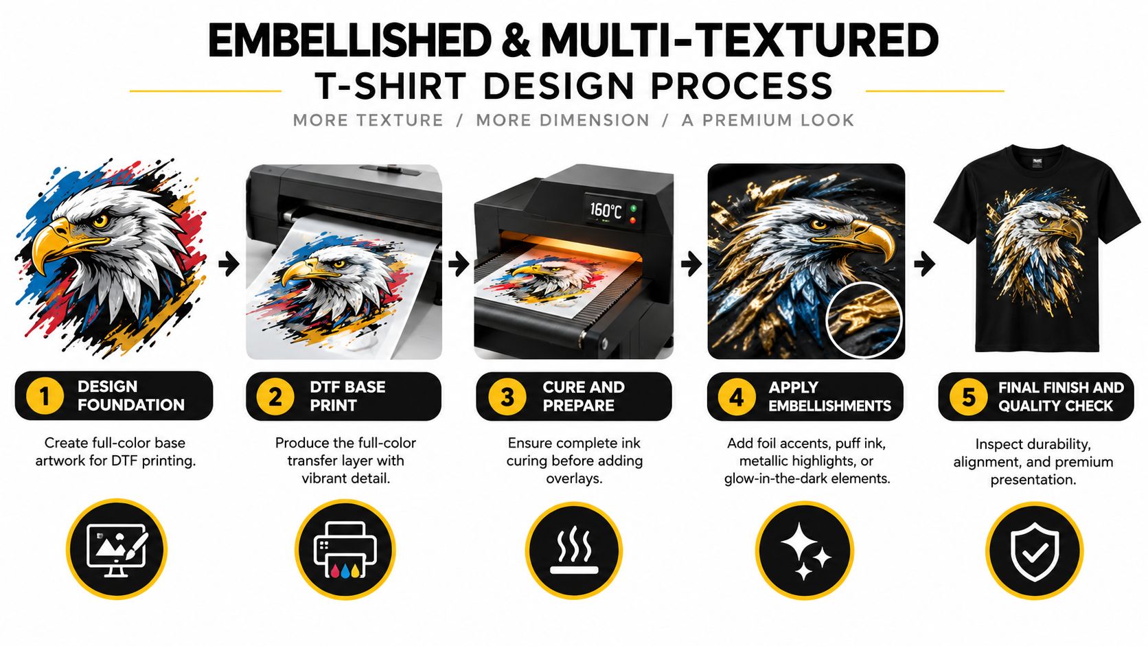 A five-step infographic showing the DTF printing process for creating embellished and multi-textured t-shirt designs featuring eagles.