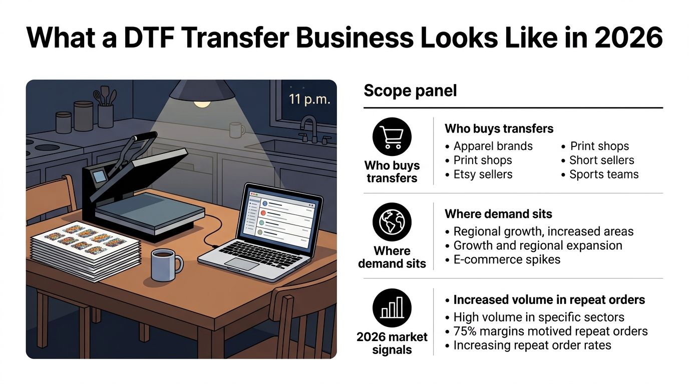 A digital illustration showing a home desk setup with a heat press and laptop for DTF printing.