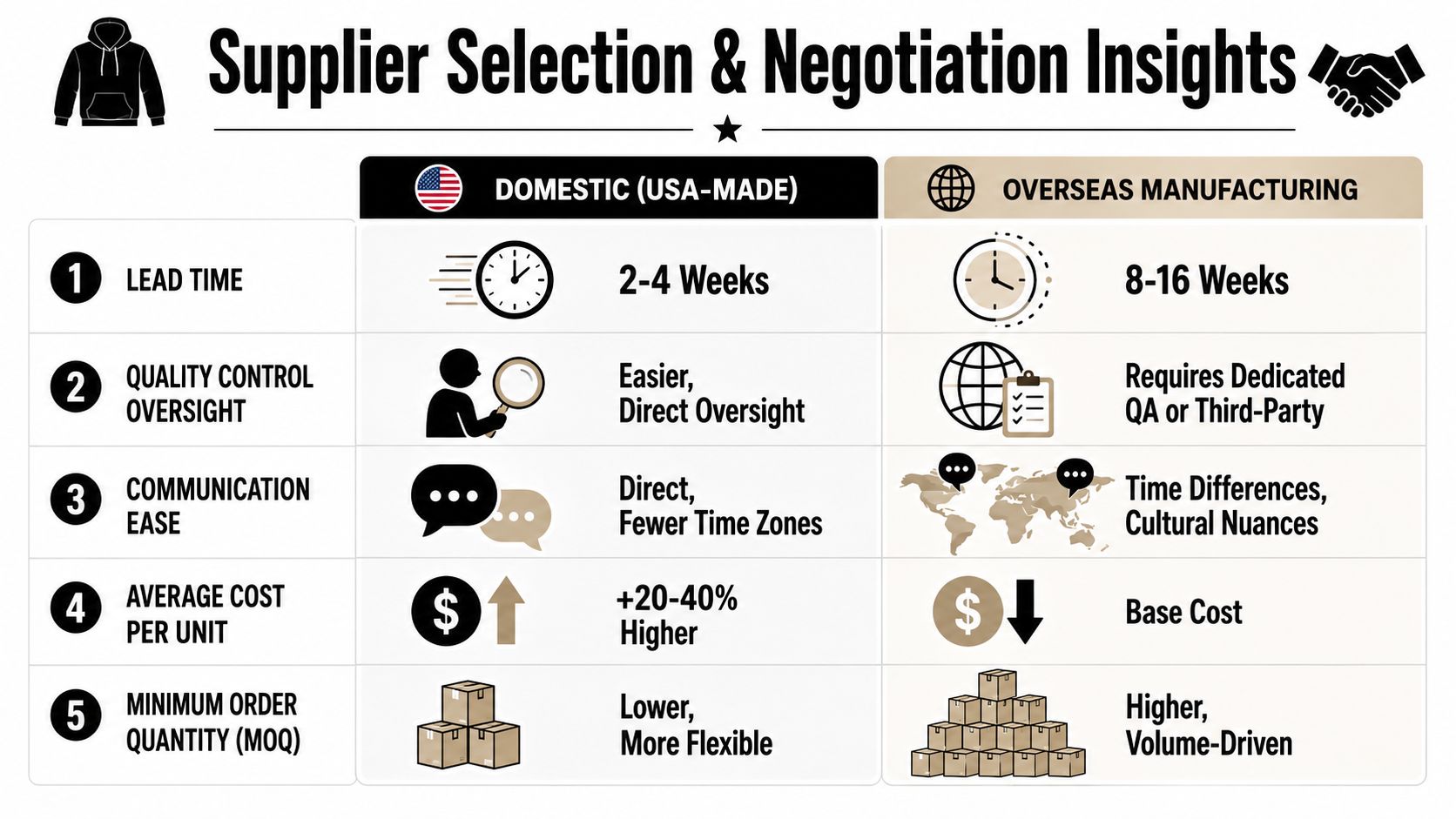 A comparison chart outlining key differences between domestic USA-made manufacturing and overseas production for clothing suppliers.
