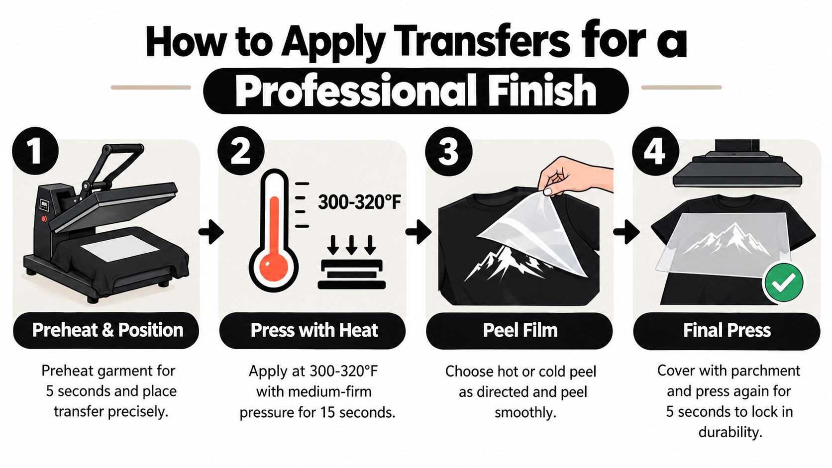 A four-step instructional infographic showing how to apply professional heat transfers to a t-shirt.